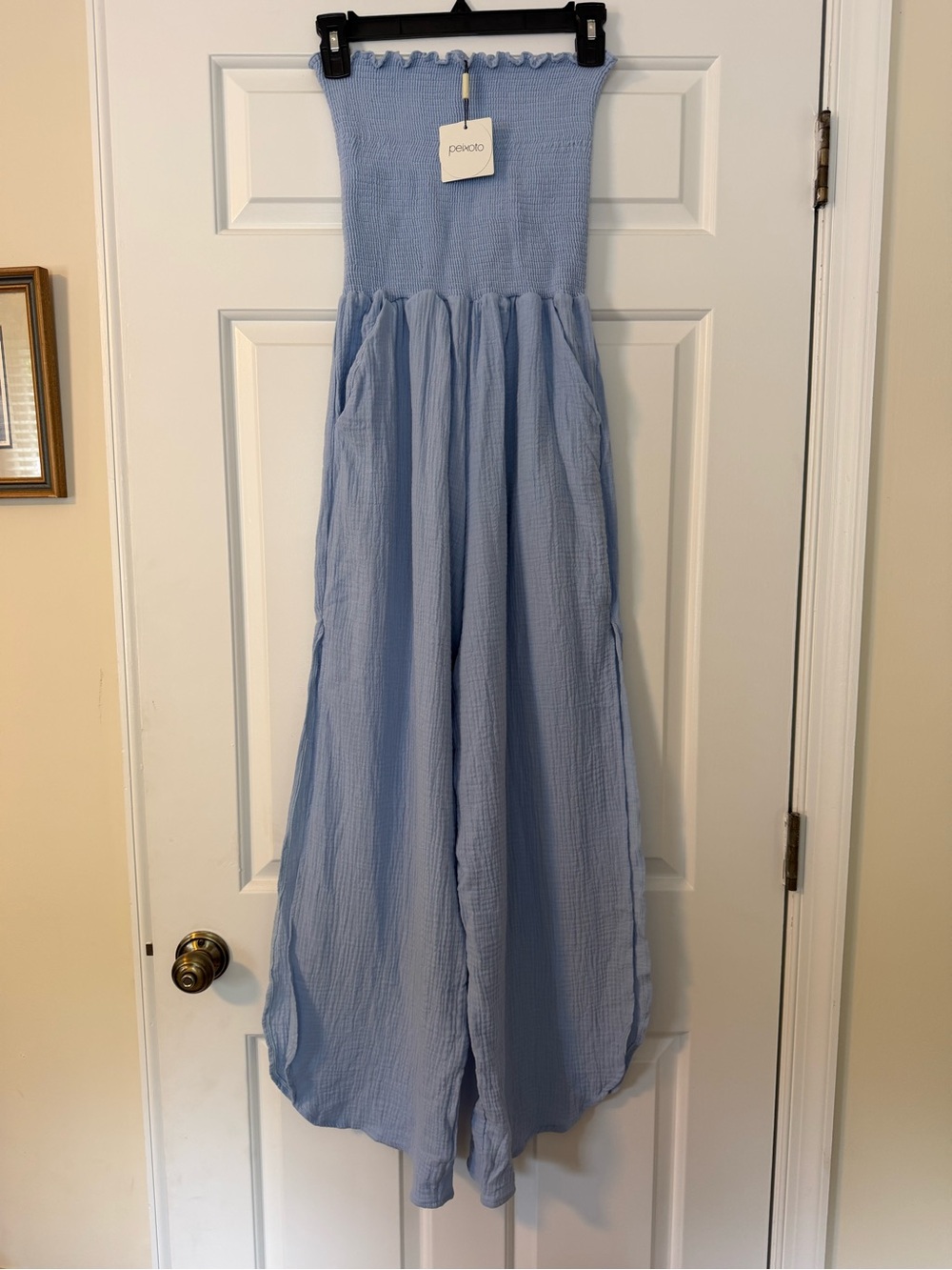 Peixoto Light Blue Smocked Strapless Harriet Jumpsuit